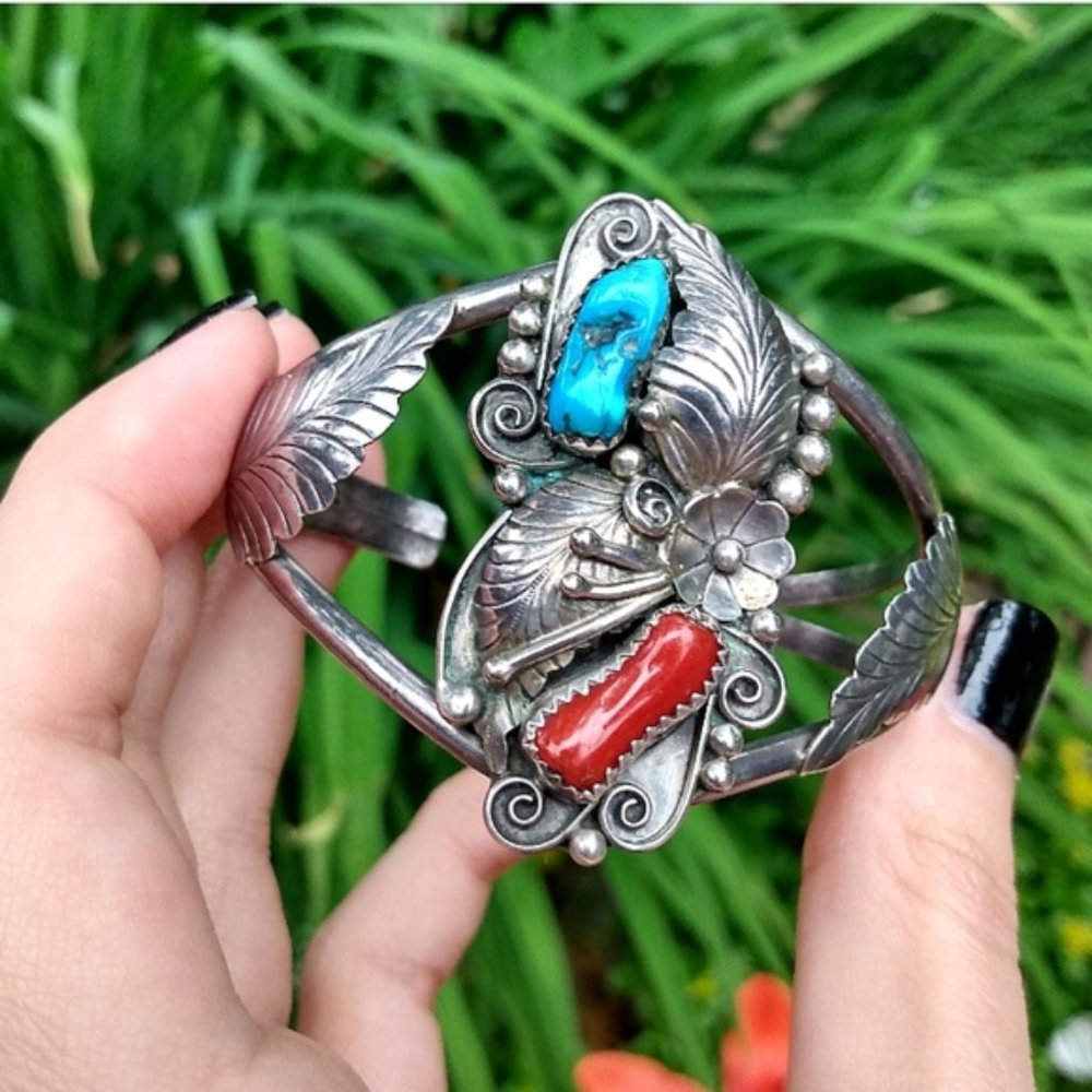 Turquoise coral and silver Navajo cuff